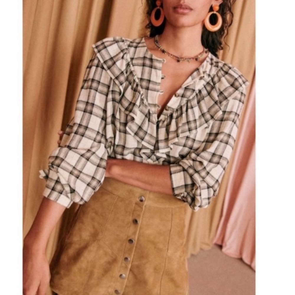 Sezane Angela Plaid Ruffled V-Neck Blouse in Cream and Black Size 38/M